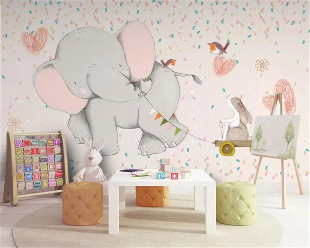 

Customized wallpaper for walls 3 d Cute cartoon elephant rabbit children room background wall wallpaper home decor papier peint