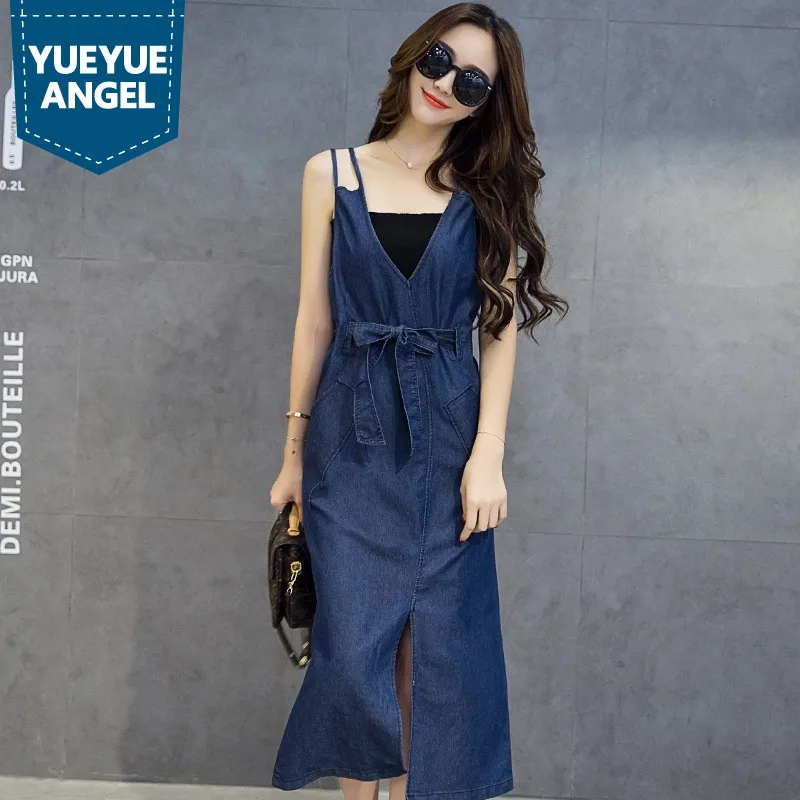 

Summer New Fashion Women Spaghetti Strap Mid-Calf Length Dress Office Lady Backless Sashes Belted Slim Fit Jean Denim Dresses