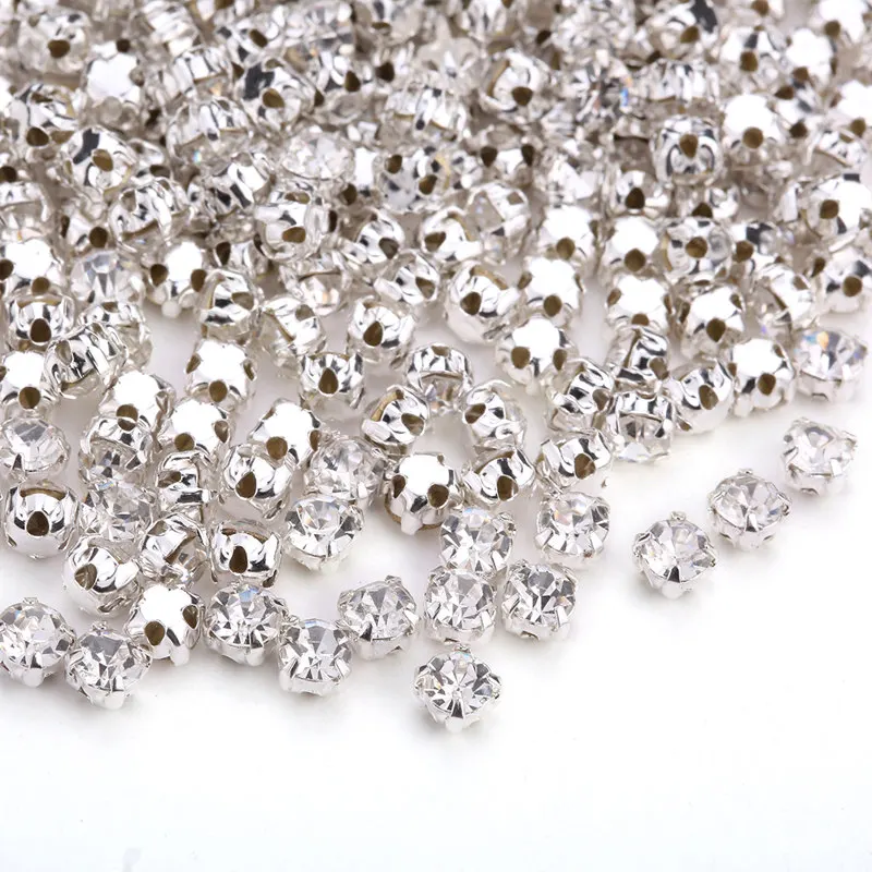 TPSMOC 4mm/5mm/6mm/8mm Silver Claw Base glass Crystal Rhinestone  Sew On Bridal Dress Decorate Hair Jewelry Making stones.