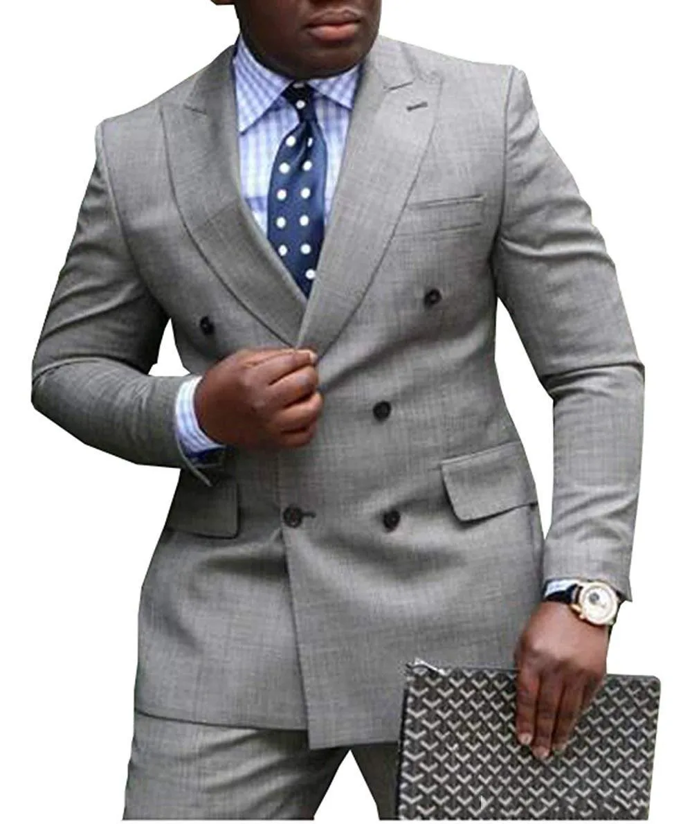 

Fashionable Double Breasted Light Grey Groom Tuxedos Peak Lapel Groomsmen Men Blazers Suits (Jacket+Pants+Tie) NO:375