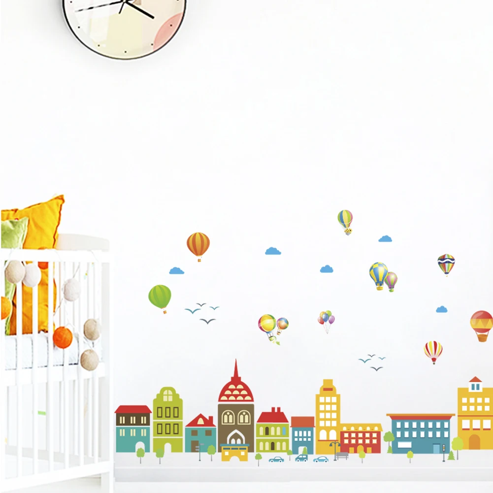 Balloons White clouds city building wall stickers For kids rooms decals children bedroom kindergarten Decoration art wall Decals