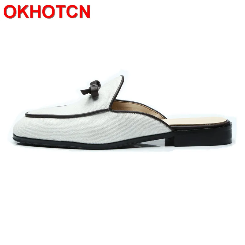 Fashion Men Slippers Shoes Outdoor Spring Autumn Home Slippers Men Shoes White Cloth Leather Slippers Men Bowknot Sewing Slides