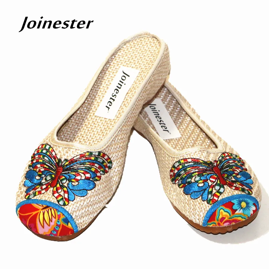 Women Canvas Slippers Embroidery Women\'s Slides Ethnic Style Leisure Slides Round Toe Casual Shoe Ladies Slip-on Beach Sandal