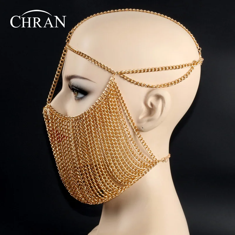 Chran Luxury Fashion Women Punk Multi Layer Metal Head Chain Jewelry Forehead Headband Hair Piece Face Mask Body Jewelry  HDC425