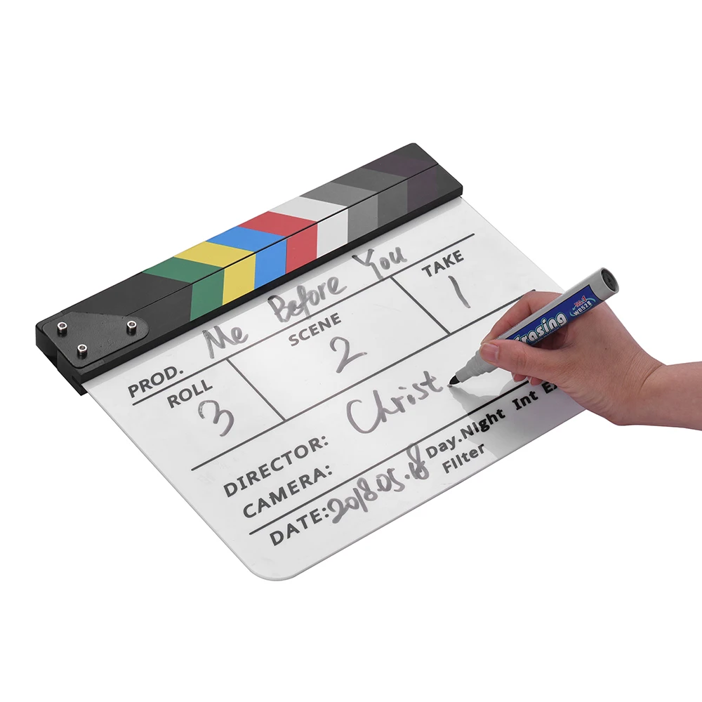 Andoer Acrylic Clapboard Dry Erase for TV Film Movie Director Cut Action Scene Clapper Board Slate With Marker Pen Eraser