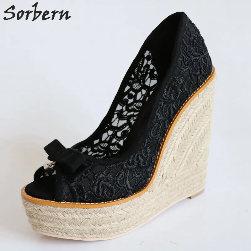 

Sorbern Retro Black Lace Women Wedge High Heels Open Toe Rope Wedge High Heels Platform Shoes Ladies Bowknot Slip On Pump Heels