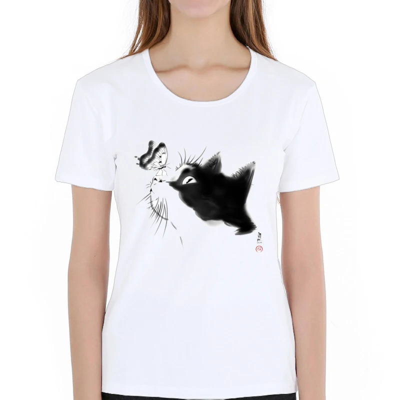 New Arrival 2022 women's Curious Cat Print T Shirt Watercolor black Butterfly kiss Cat Harajuku Print maiden girls Short Sleeve