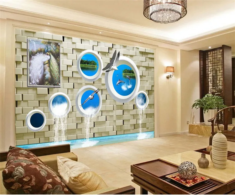 

Mural Modern Background Peacock Brick Dolphin Fresco De Pared 3d Wallpaper Hotel bedroom mural for the living room