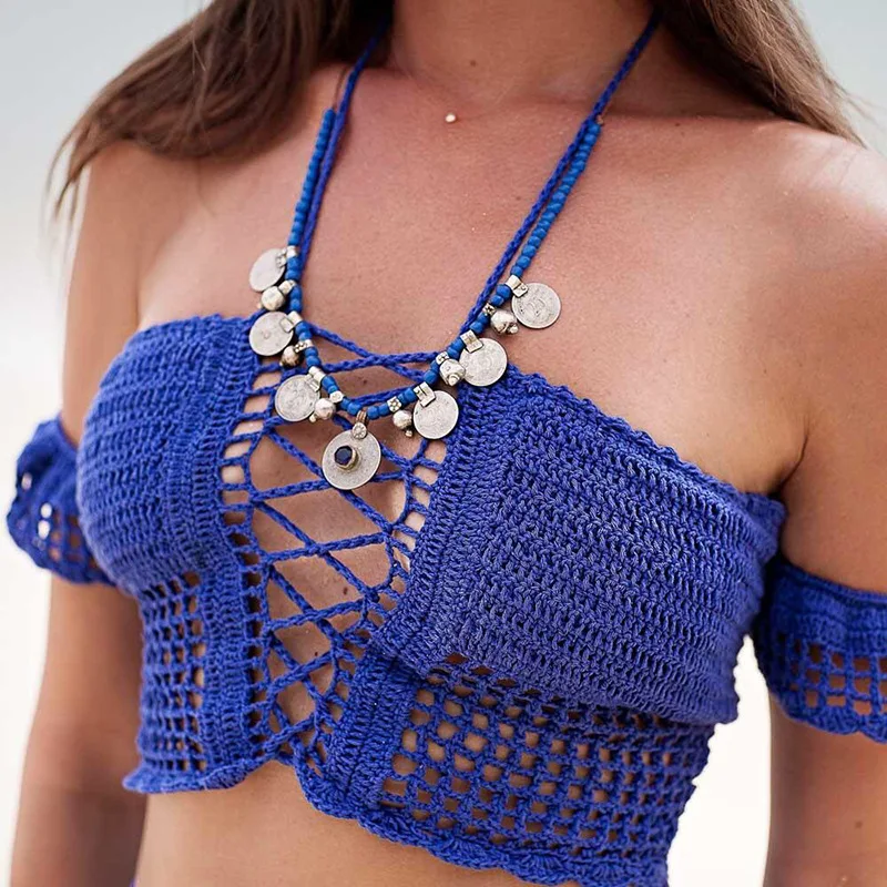 Women Bikini Top Bandage Hollow-out Tassel Swimsuit With Sleeves Summer Crochet Lace Top Swimwear