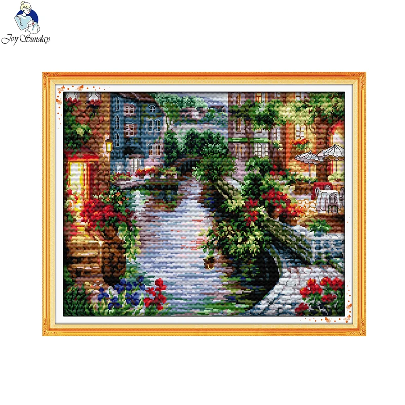 Joy Sunday The lakeside houses Counted DIY Hand Cross Stitch 11CT 14CT DMC Printed Cloth for Embroidery NKF Home Decor