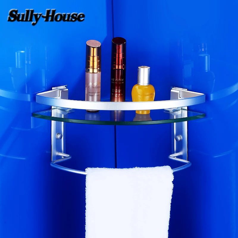 Sully House Bathroom Aluminum Corner 8mm Thickness Tempered Glass Shelf,bathroom triangle glass shelves,Shampoo Showerroom Rack