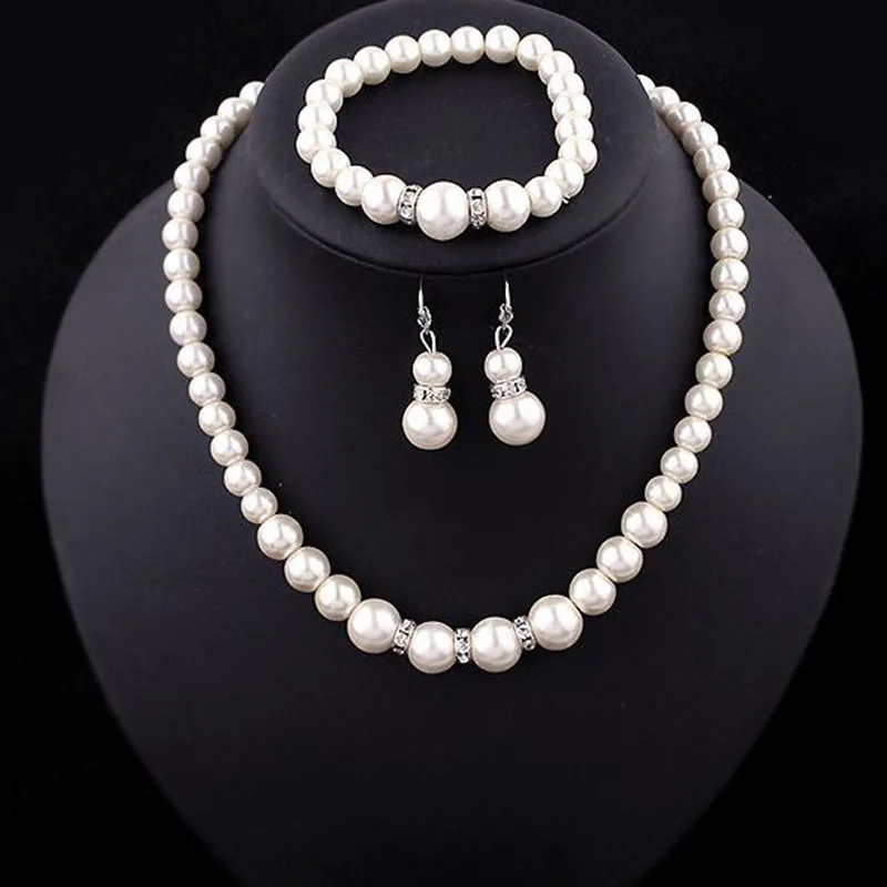 

Europe Brand Simulated-Pearl Necklace Bracelet Earrings Women Jewelry Sets Inlay CZ Bride Set Women Wholesale Jewelry