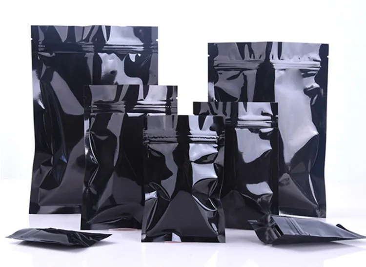 100pcs/lot Glossy Black Aluminum Foil Ziplock Bag Flat Bottom Black Packaging Bag Coffee Powder Gift Zipper Bags