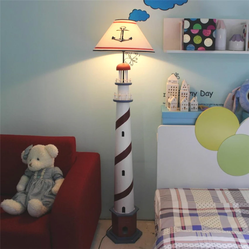 Mediterranean Wooden Lighthouse Standing Floor Lamps Lookout Lamp Vertical Cafe Children's Room Floor Lights Decorative Lighting