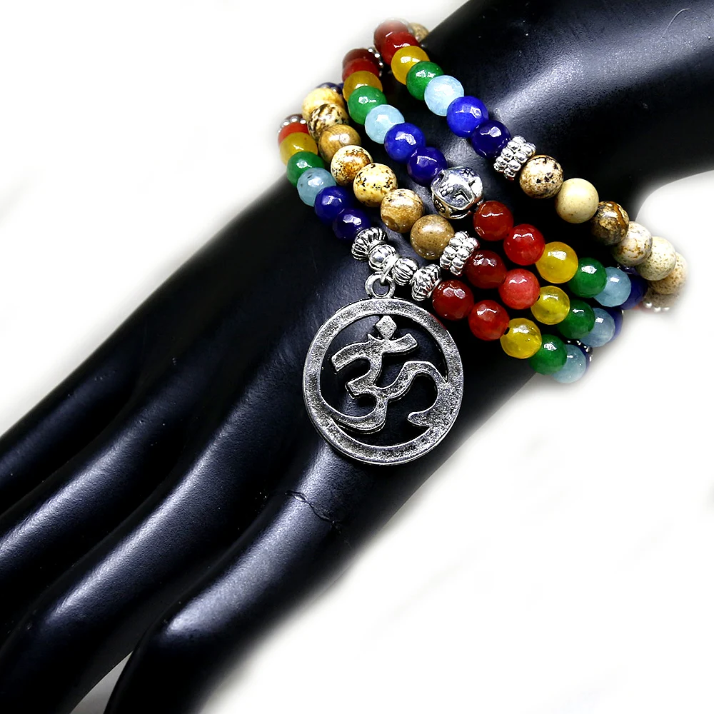 Pulseira de cura do equilíbrio de chakra, pulseira de pedra de cura reiki yoga, com contas de 108, bracelete multicamadas feminino e masculino