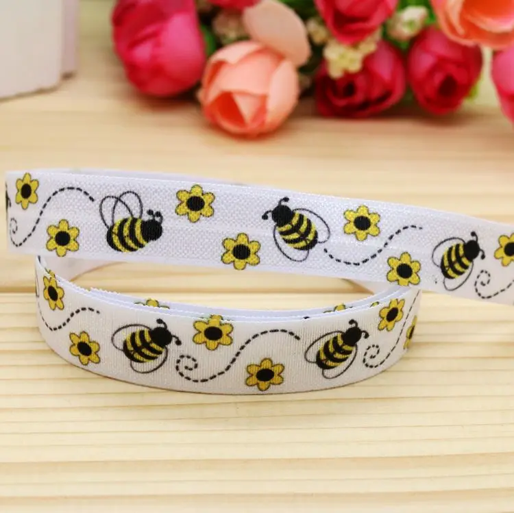 5/8''  Fold Elastic FOE bee printed headband headwear hairband diy decoration wholesale OEM P5133