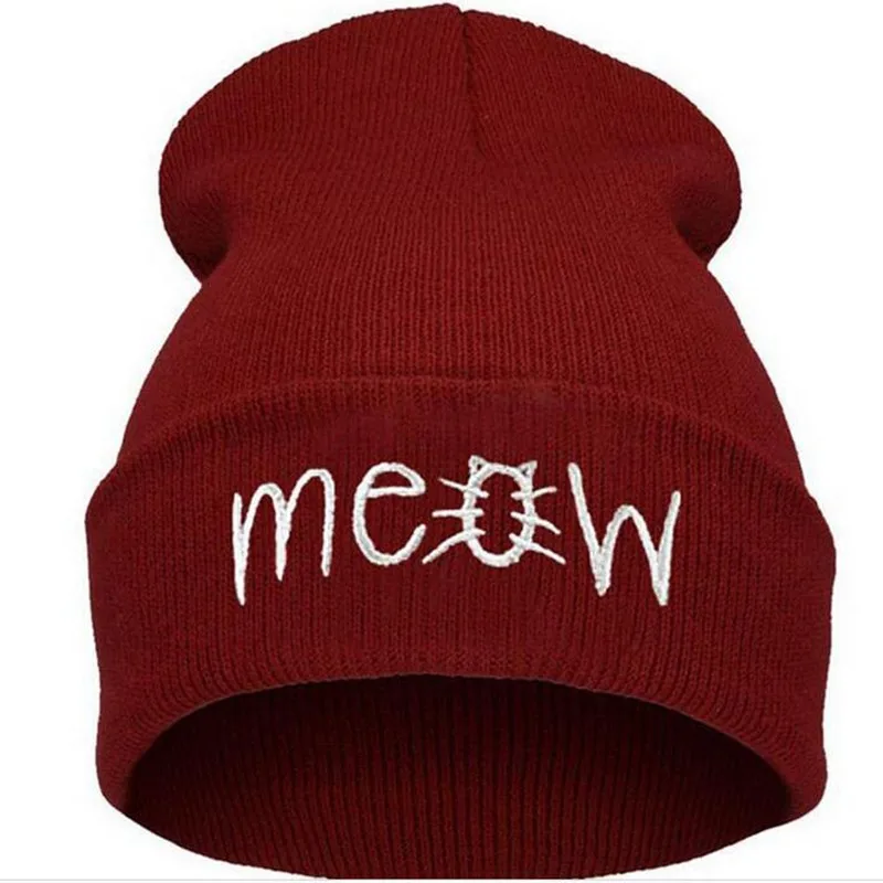 Korean Fashion Apparel Accessories Skullies Beanies Winter Warm Cap MEOW Letters Embroidery Man Women Hats Knitted 4 Colors