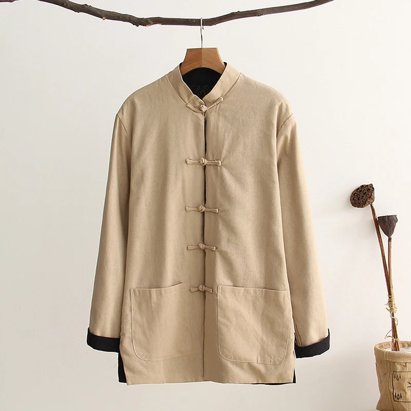 Reversible Autumn New Cotton Linen Chinese Traditional Men Long Sleeve Kung Fu Jacket Coat Tai Chi Uniform Clothing M-4XL
