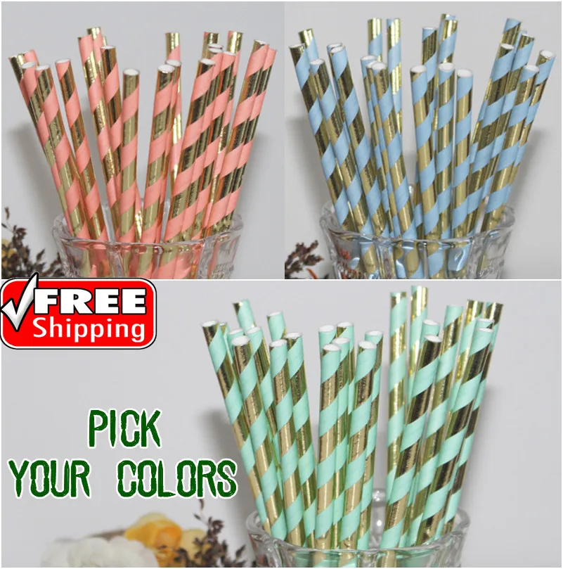 

1000 Pcs Vintage Paper Straws Bulk-Pick Colors-Metallic Gold Mint Light Blue Pink Striped Biodegradable Drinking Colored Retro