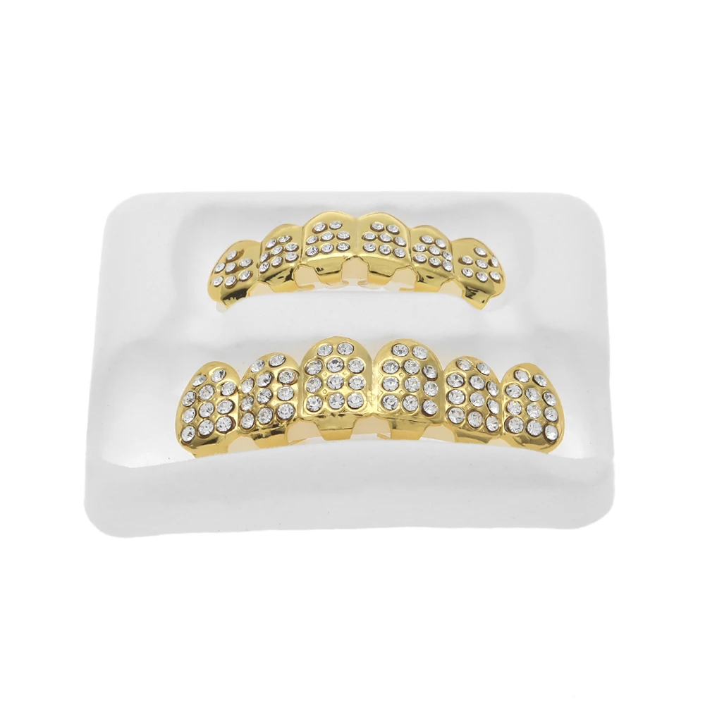 Gold Color Iced Out CZ TeethGRILLZ Top Bottom Tooth Caps Hip Hop Bling NEW with Silicone mode