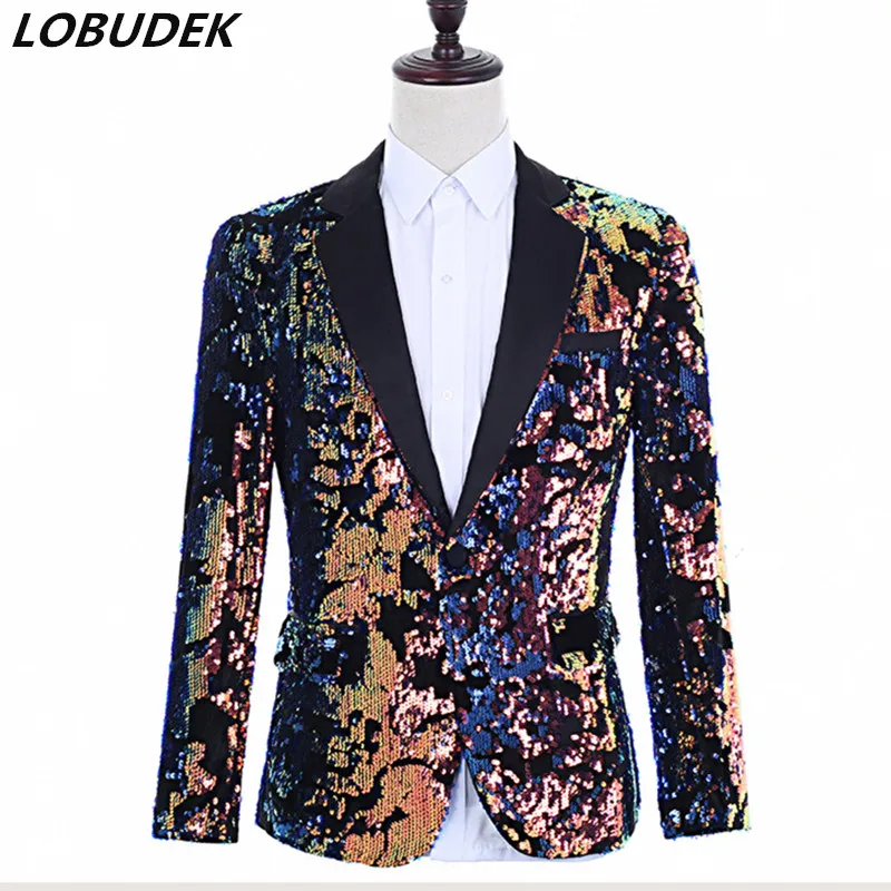 

Men Sequins Blazer Fashion Slim Single Button Shiny Tuxedo Jacket Bar Nightclub Singer Host Stage Performance Suit Jacket