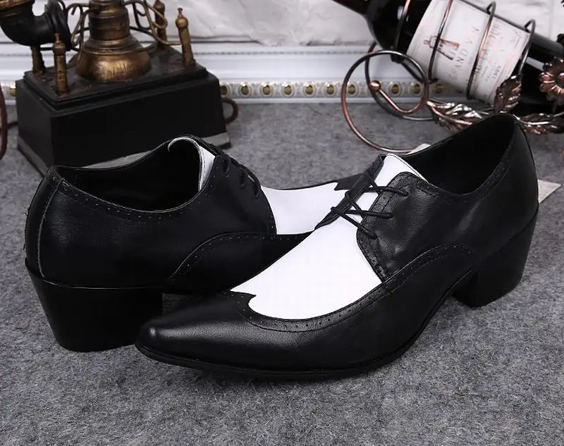 Black White Genuine Leather Mens Dress Shoes Fashion Pointed Toe Oxford Shoes For Men Formal Shoes Business Lace Up High Heels