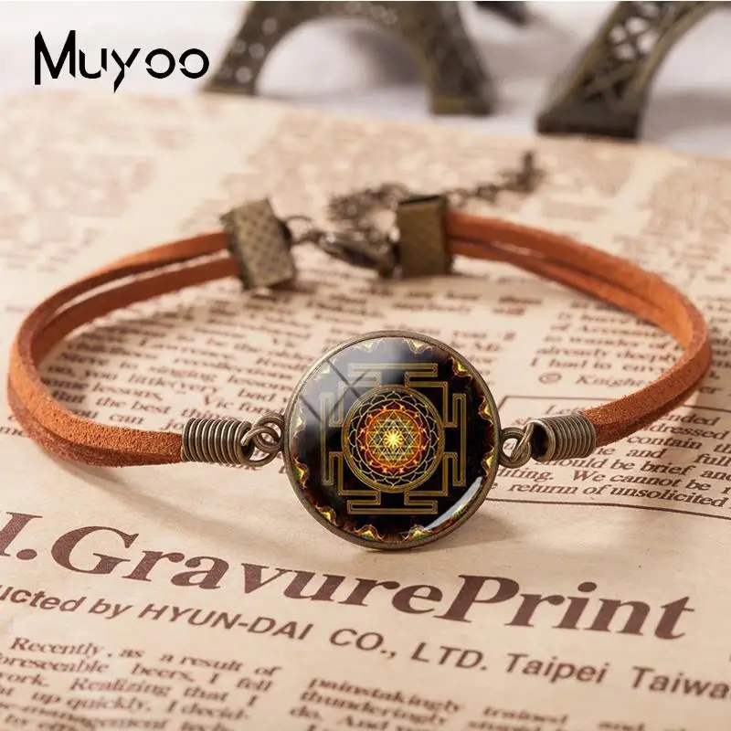 2018 New Steampunk Sri Yantra Mandala Leather Bracelet Hand Craft Bracelets Glass Cabochon Jewelry