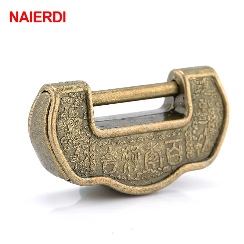 NAIERDI 34*20mm Chinese Vintage Antique style Lock Zinc Alloy Bronze padlock Jewelry Chest Box Padlock Wooden Suitcase Drawer