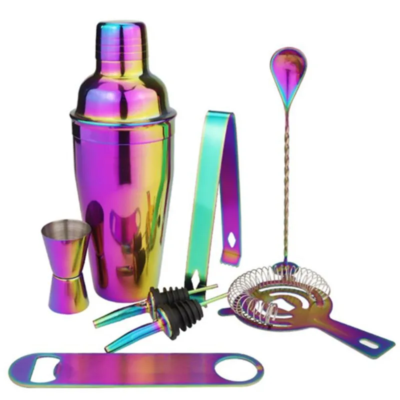 

Stainless Steel Cocktail Shaker Set 8Pcs Colorful Bartender Kit 550ml 750ml Cocktail Whisk Bar Tools Wine Shakers For Party