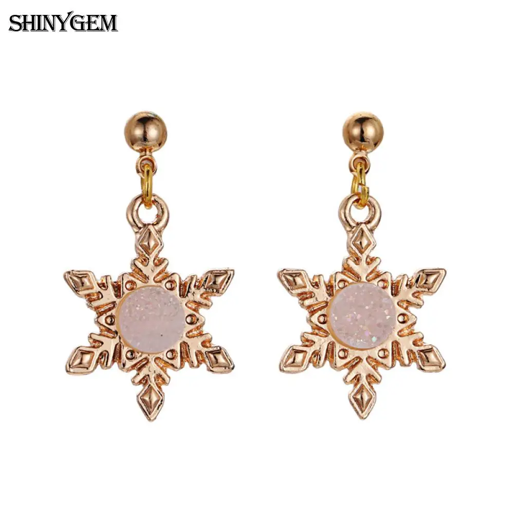 

ShinyGem Fashion Golden Snowflake Druzy Stud Earrings Natural Crystal Stone For Women