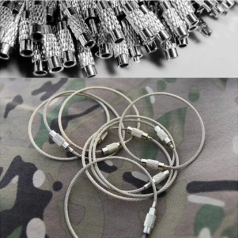 

10pcs/lot Stainless Steel Wire Rope Keychain Hook Cable Ring Tools Plate Hanger Loop With Screw Lock 15cm Length