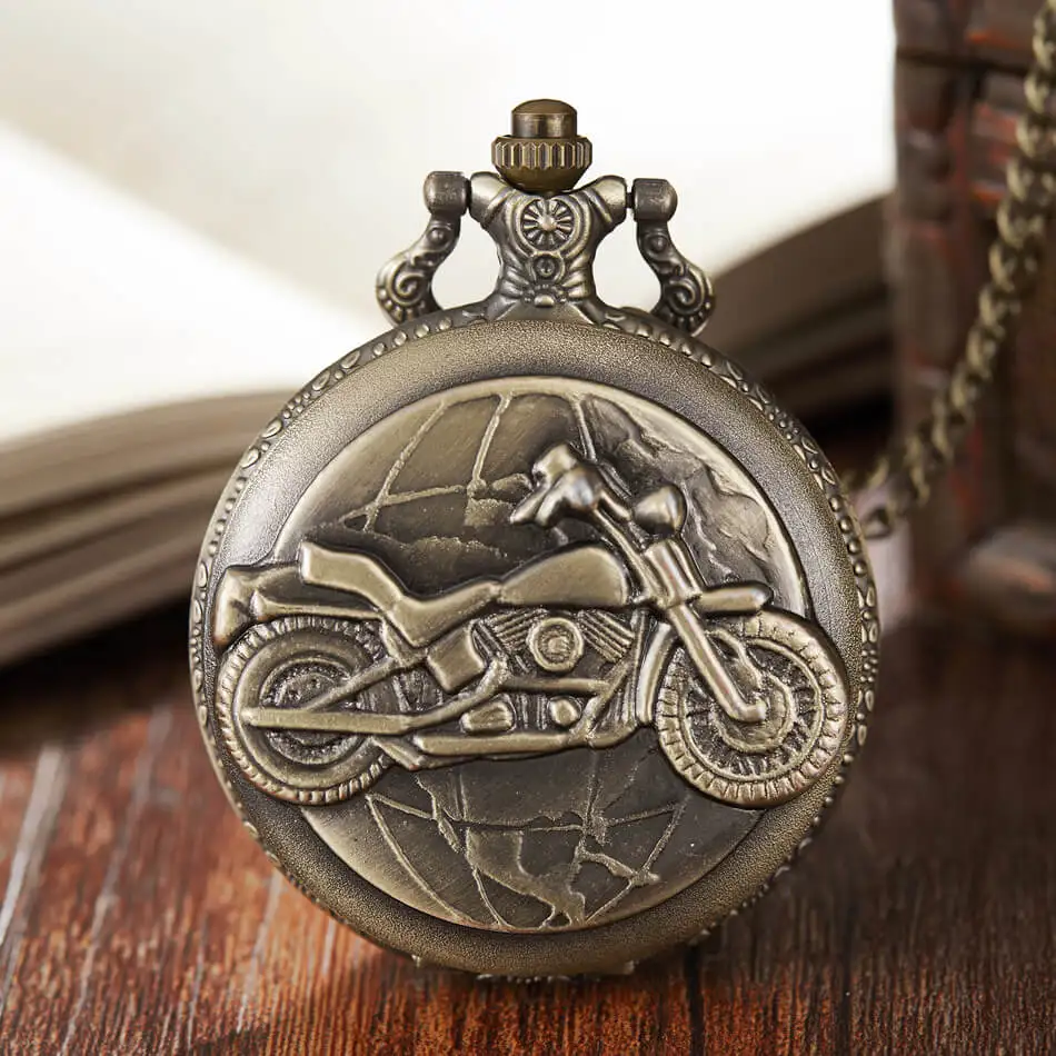 Jam Tangan Saku Sepeda Motor Jam Tangan Kuarsa Rantai Kalung Terukir Sepeda Motor 3D Liontin Steampunk untuk Hadiah Pria Jam Tangan Pria