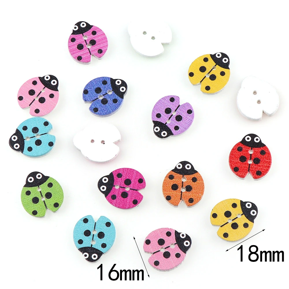 50PC 16x18mm Mixed Color 2 Holes Decorative Buttons Lovely Ladybug Cartoon Animals Wood Buttons Sewing Scrapbooking