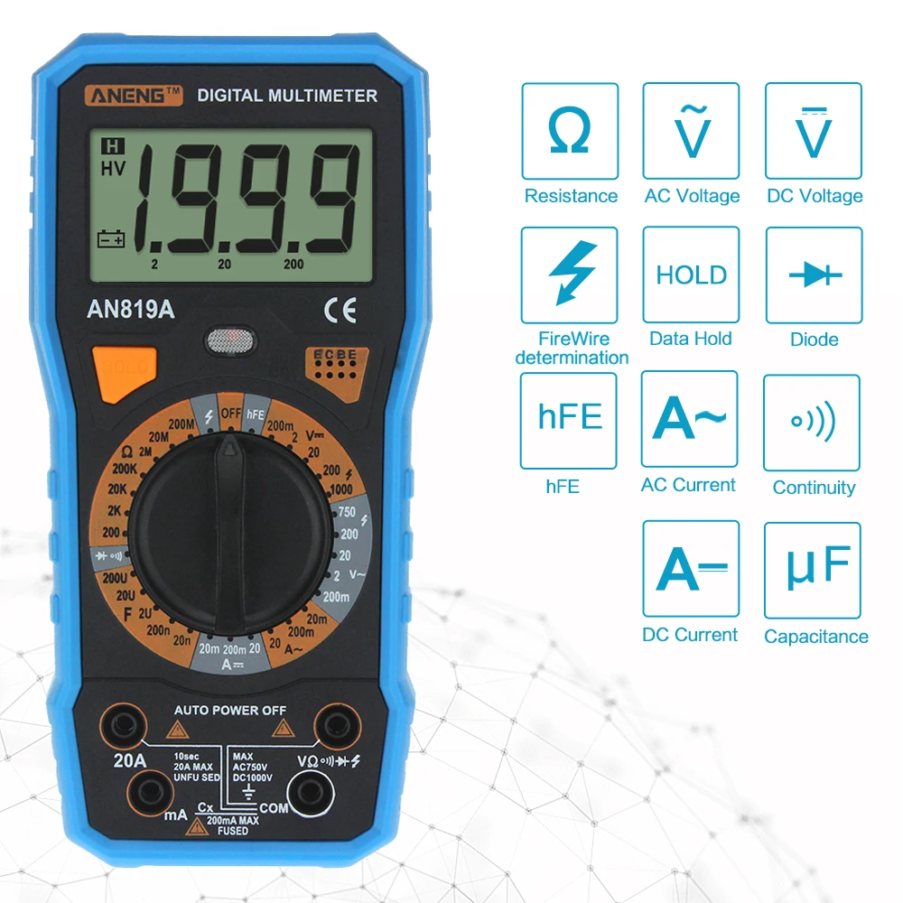 

Auto Digital Multimeters AC DC Voltage 1000V 1999 Count Current Ohm Cap Meter Tester Data Hold Diode Transistor Test