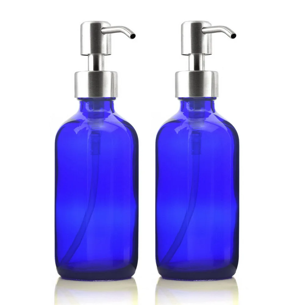 

2pcs 250ml Cobalt Blue Glass Liquid Soap Dispensers Empty Stainless Steel Lotion Pump Bottle for Hand Soap Kitchen Bathroom 8 Oz