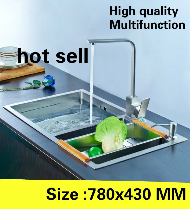 

Free shipping Kitchen manual sink double groove vogue multifunction wash vegetable big durable 304 stainless steel 780x430 CM