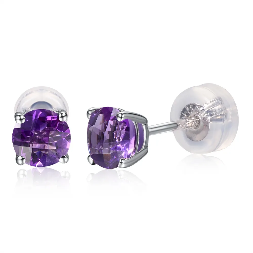 LP Natural Amethyst Stud Earring Pure 14K 585 White Gold 4mm Earrings For Women Checkerboard Cutting Fine Jewelry