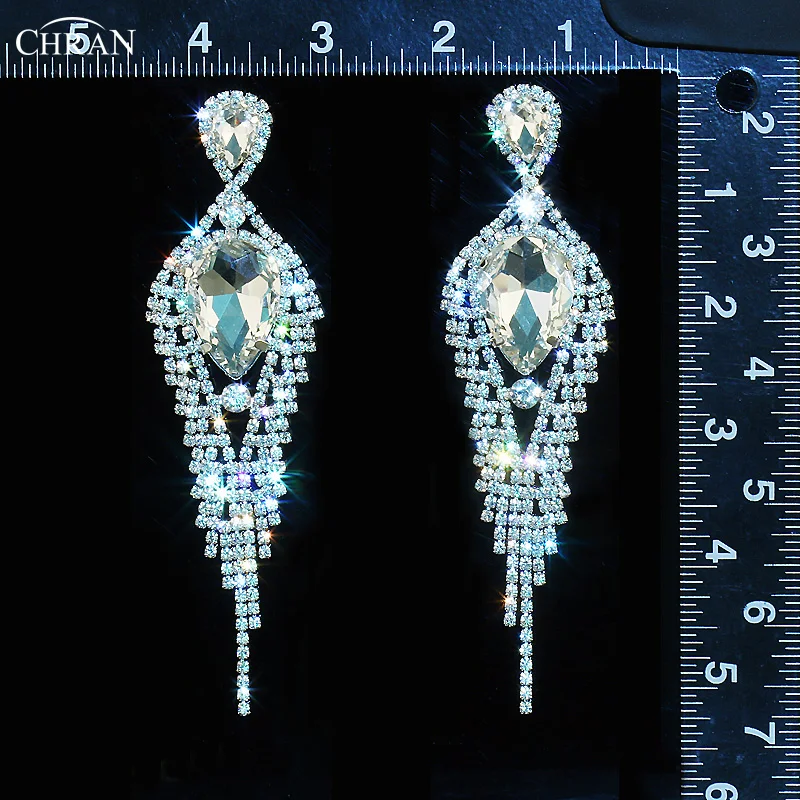 CHRAN Silver Plated Drop Crystal Dangle Party Jewelry Classic Sparkling Rhinestone Exaggerated Long Tassel Earrings for Women