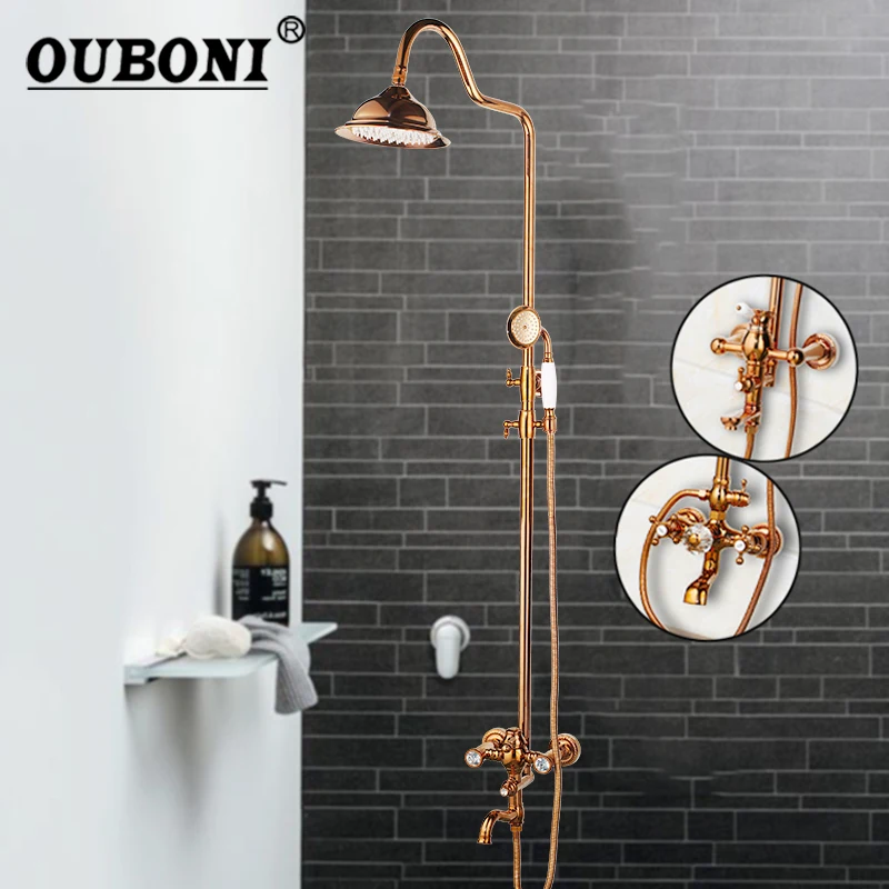 OUBONI Rose Gold Polish Solid Brass Bathroom Bathtub Shower Set Rainfall Head Crystal Dual Handles Shower Faucet Mixer Tap