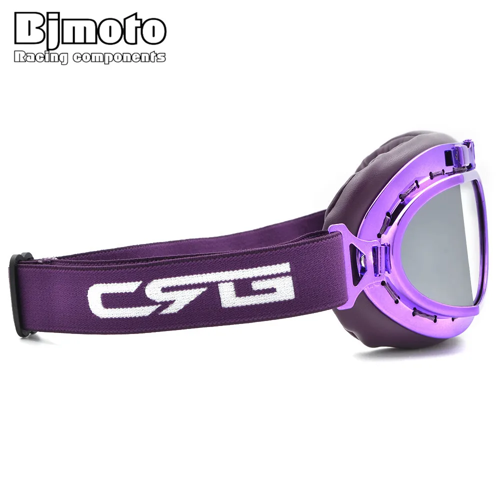 BJMOTO Sport Vintage Pilot Motorcycle Cruiser Scooter Goggles Silver Lens Purple Frame Padding Glasses for Harley Helmet