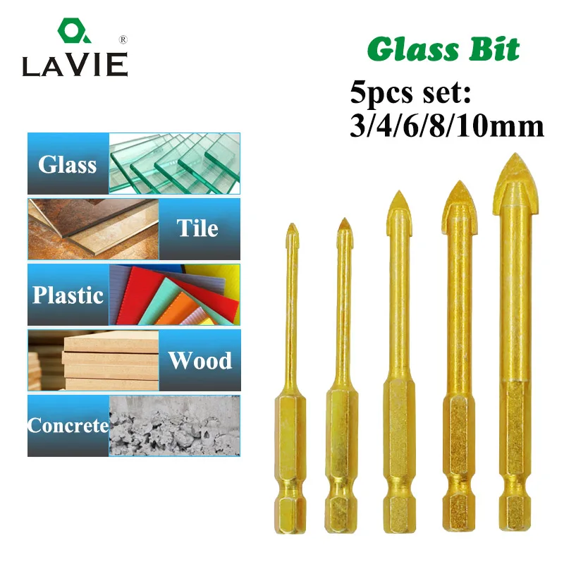 

5pcs 1/4" Hex Shank Glass Bits Titanium Coated Glass Drill Set 3 4 6 8 10mm Tile Concrete Flat Tip Hole Bit Drilling DB02007