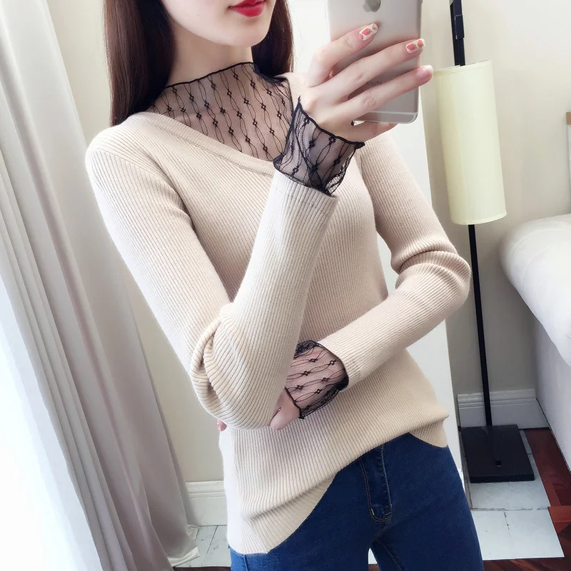 V-neck lace net yarn splicing sweater female head spring new render knit unlined upper garment to take a coat in a fairy