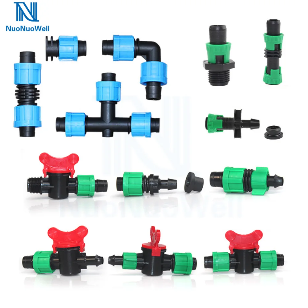 NuoNuoWell 16mm Drip Line Repair Connectors Garden Irrigation Tee Elbow End Plug Lock Connector Soft Watering Tape Fittings