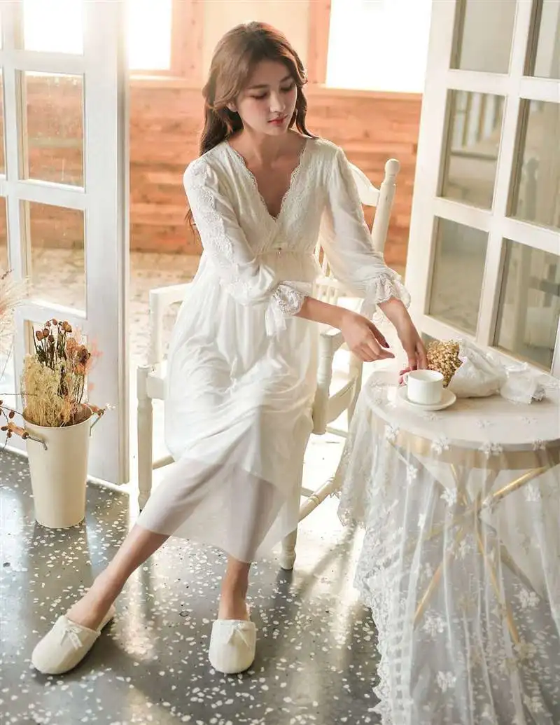 New 2019 Women Sweat Vintage Spring Lace Modal Nightgown Home Wear Gowns Lady Leisure Retro Night Wear Q8151