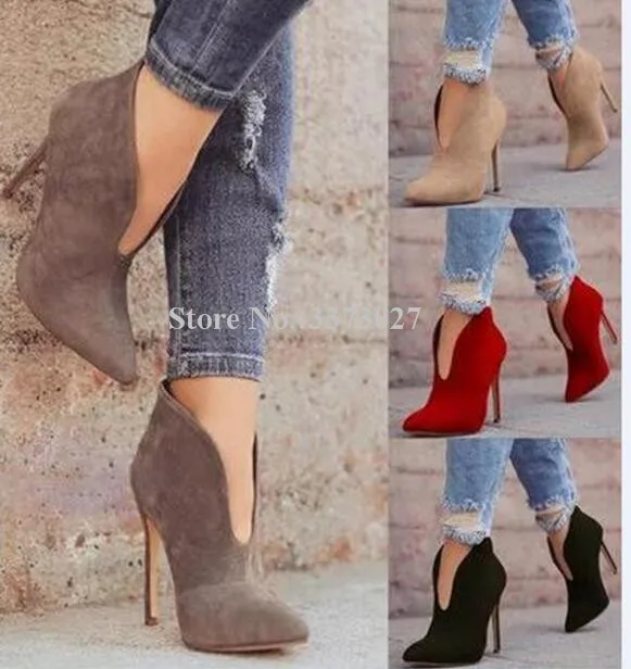 Classical Poined Toe Suede Ankle Boots Sexy 12cm Super Thin Heels Woman Short Boots Large Size 35--47 Factory Price Shoes