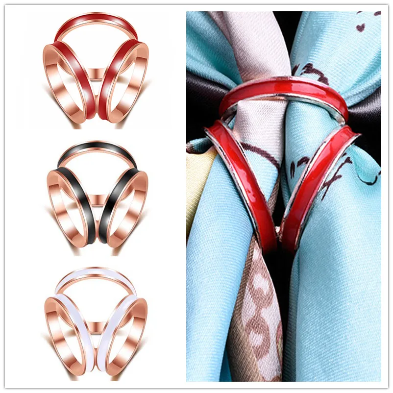 WK002 New Fashion Classic Women Jewelry Gold-color Brooches Three Circle Kerchief Shawl Scarves Buckle Clips Office Punk