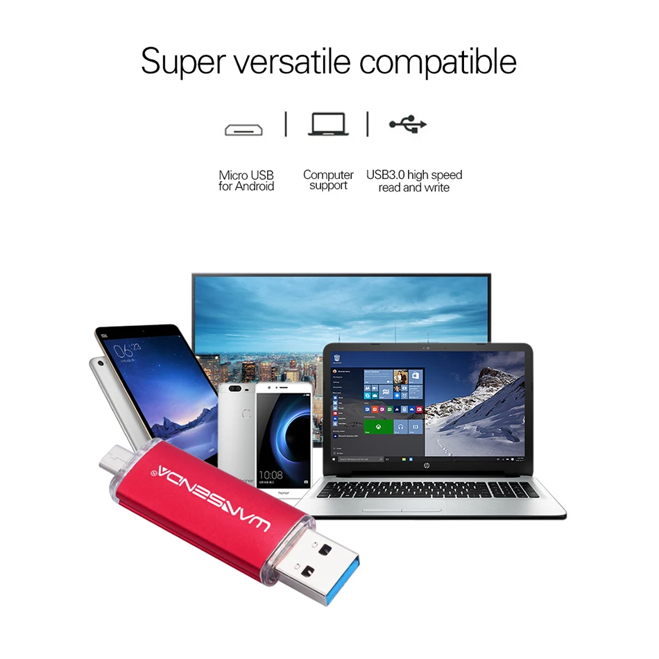 Wansenda USB 3.0แฟลชไดรฟ์ OTG Pendrive 8GB 16GB 32GB 64GB 128GB 256GB Micro cle USB Stick ไดรฟ์ปากกาสำหรับ Android/PC