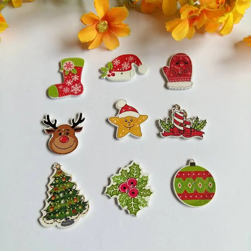 50pcs/pack Mix Christmas Decorative Wooden Buttons 2 Holes Handmade Scrapbooking For craft Supplies Sewing Accessories