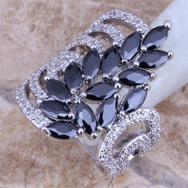 Unique Black Cubic Zirconia White CZ Silver Plated Ring Size 5 / 6 / 7 / 8 / 9 / 10 S0189