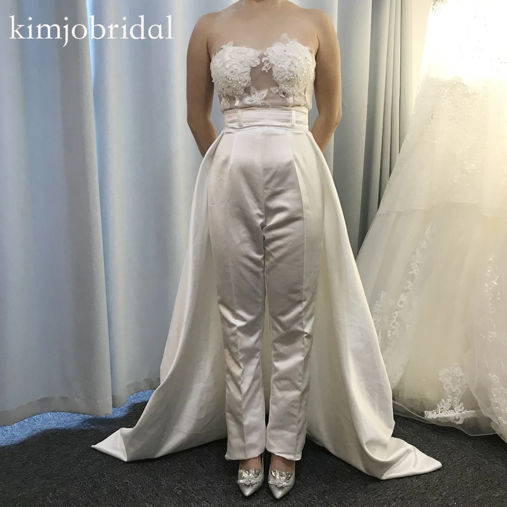 Jumpsuit Gaun Prom Nyata Sayang Leher Renda Appliques Manik-manik Manik-manik Celana Putih Gaun Pernikahan 2019 Gaun Malam